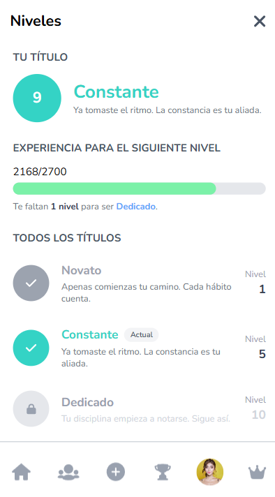 Pantalla de niveles y títulos